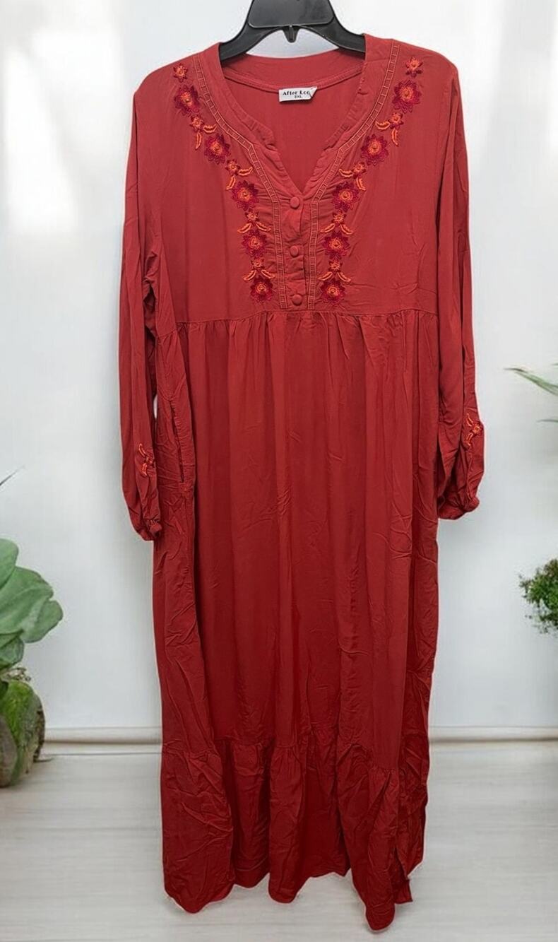 Orange Red Boho Dress Long sleeve Sz 3X Embroidery Indie Cottagecore Afterlook
